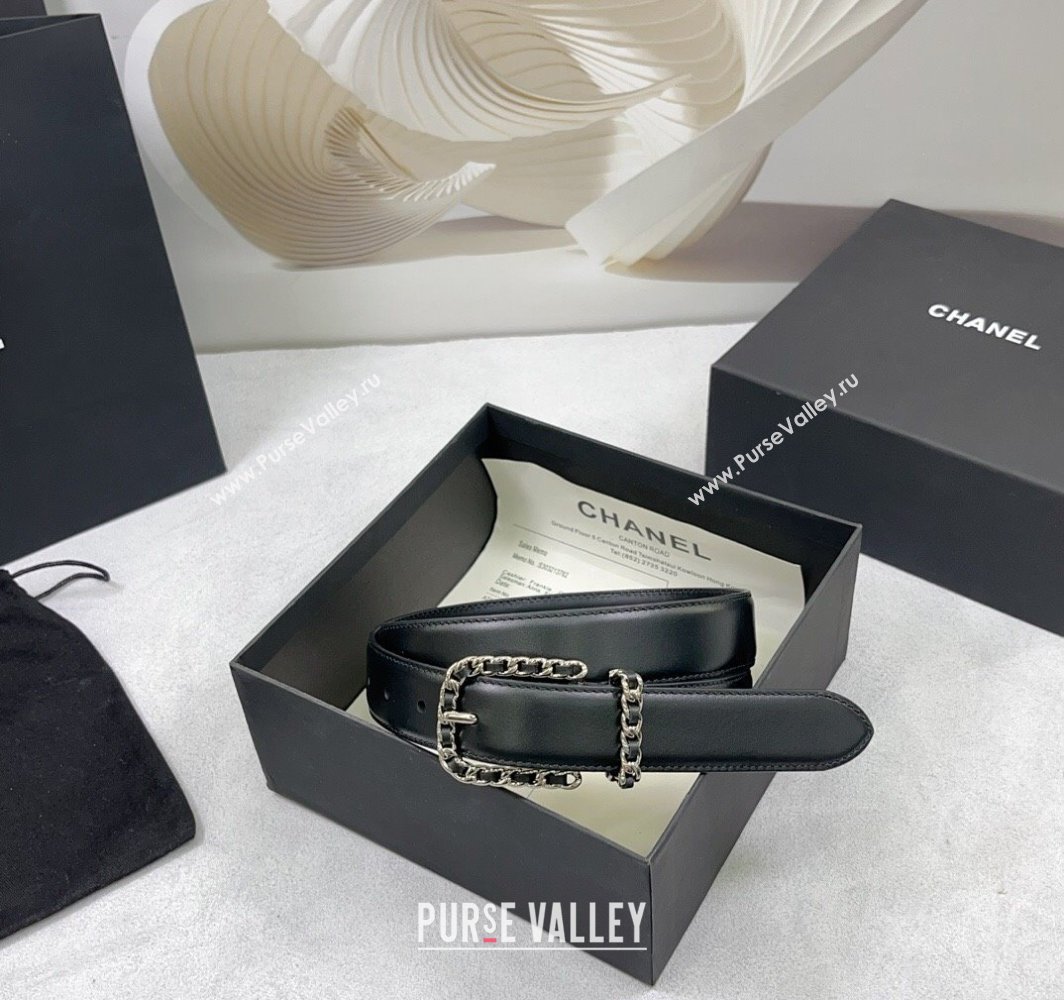 Chanel Calfskin Belt 3cm with Chain and Stitches Black/Silver 2025 AAA600 (99-250109015)