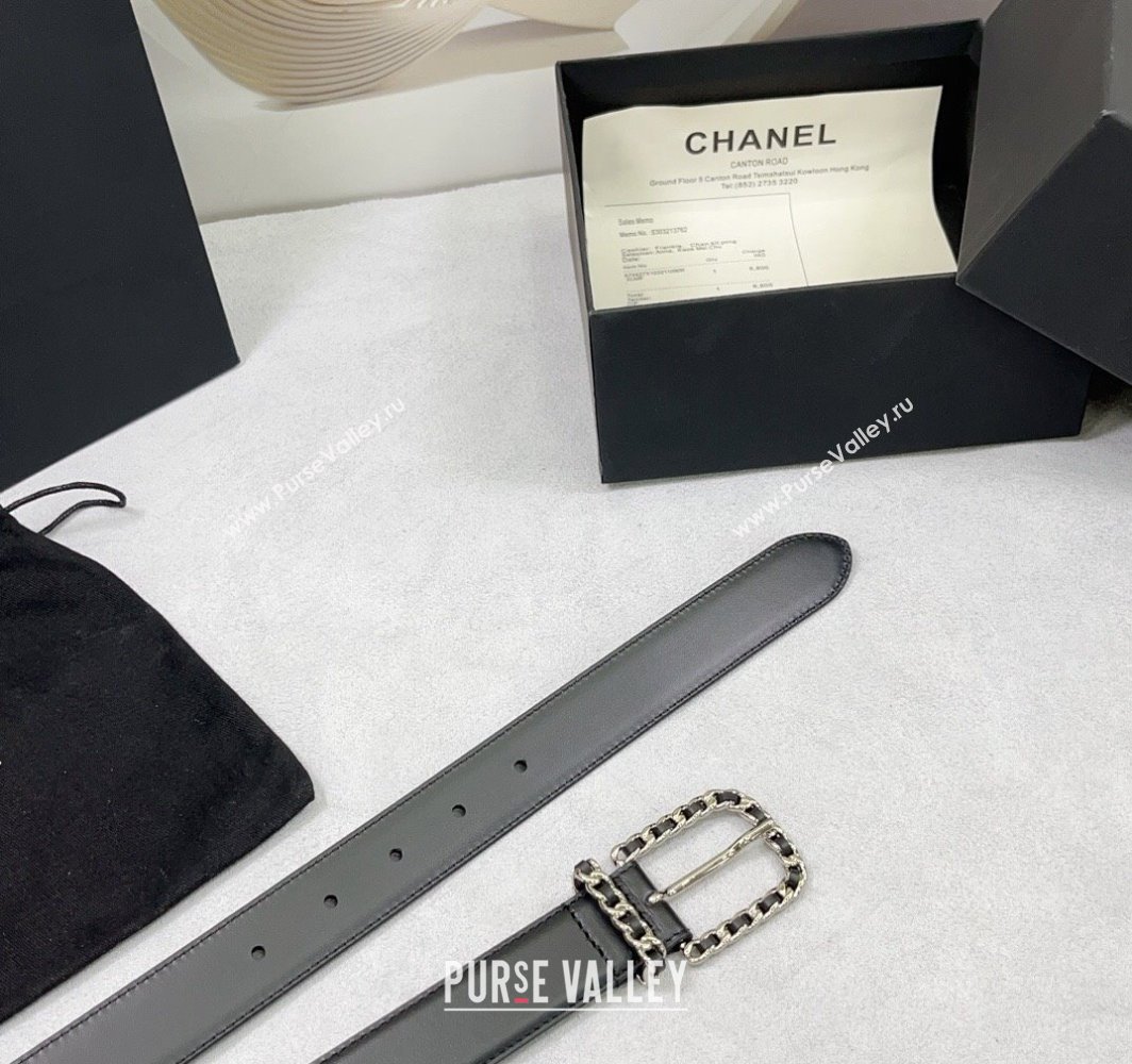 Chanel Calfskin Belt 3cm with Chain and Stitches Black/Silver 2025 AAA600 (99-250109015)