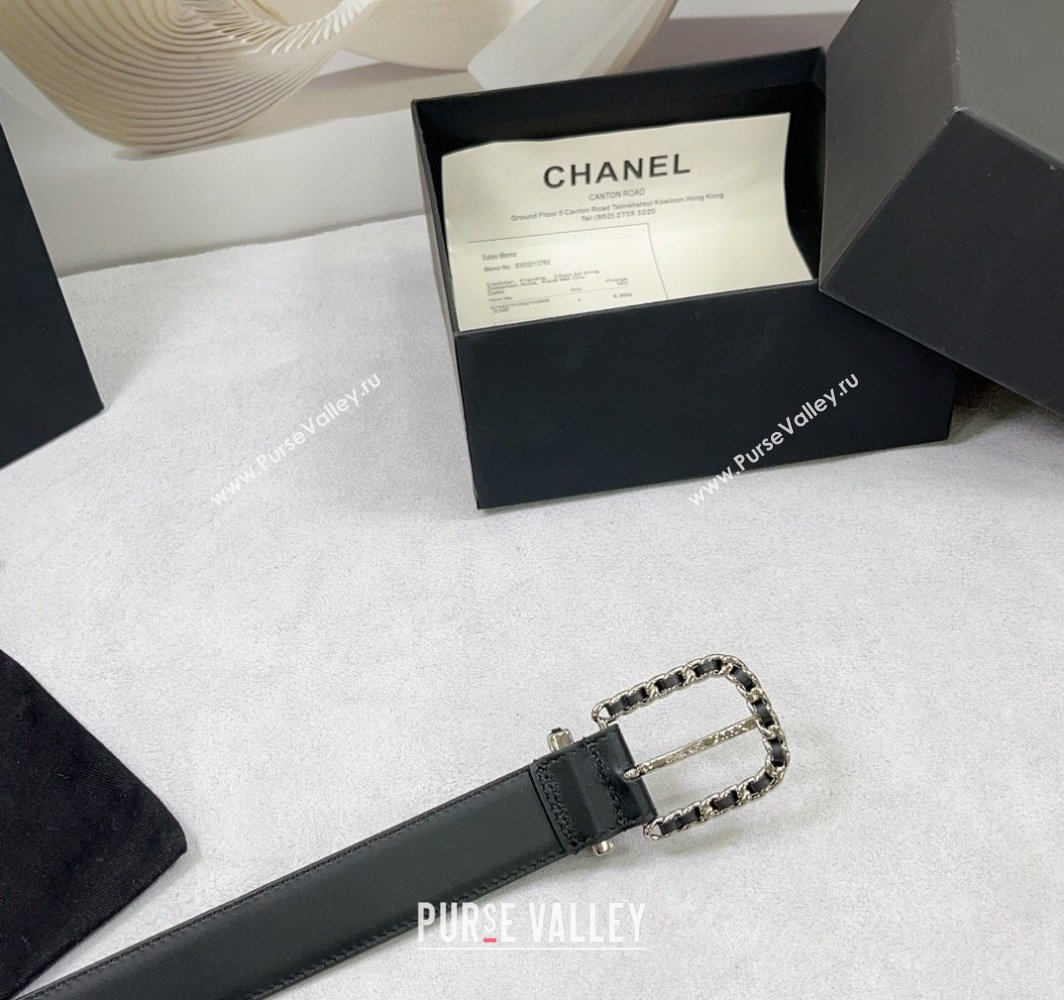 Chanel Calfskin Belt 3cm with Chain and Stitches Black/Silver 2025 AAA600 (99-250109015)