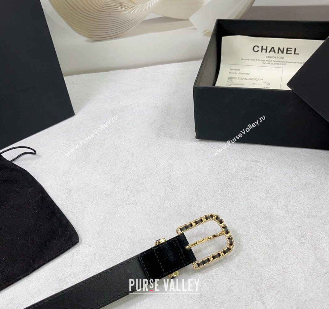 Chanel Suede Leather Belt 3cm with Chain Black/Gold 2025 AAA600 (99-250109008)