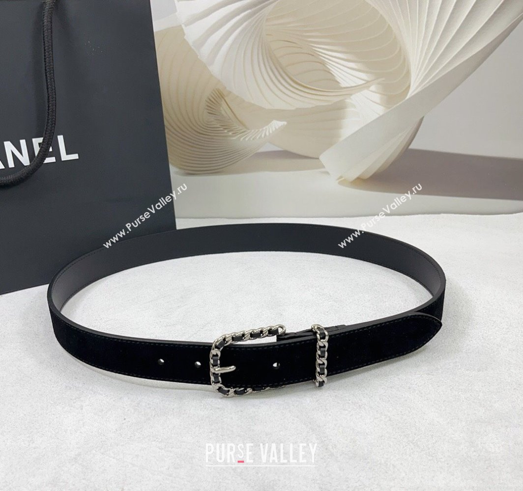 Chanel Suede Leather Belt 3cm with Chain Black/Silver 2025 AAA600 (99-250109009)