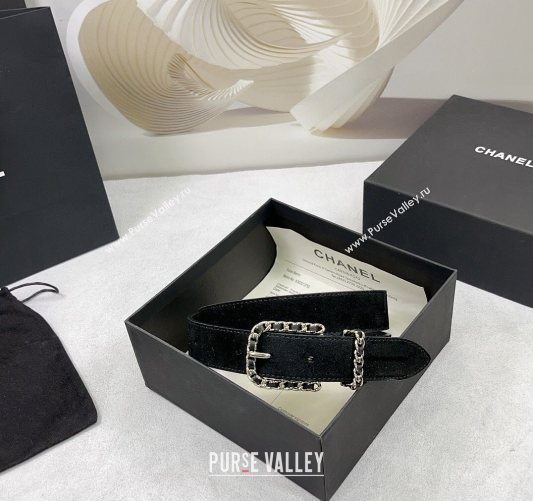 Chanel Suede Leather Belt 3cm with Chain Black/Silver 2025 AAA600 (99-250109009)