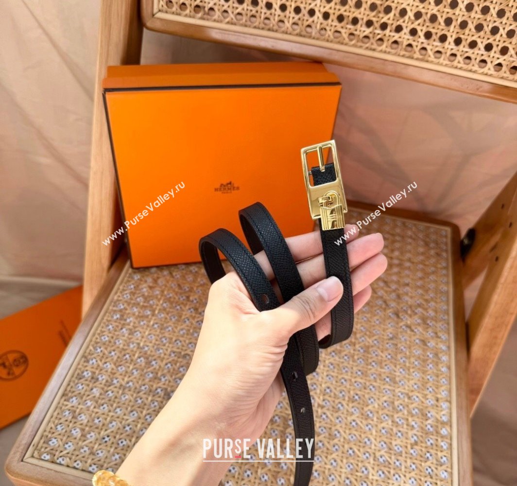 Hermes Womens Lucky Locker Belt 1.5cm in Epsom Leather Black/Gold 2025 (99-250109138)