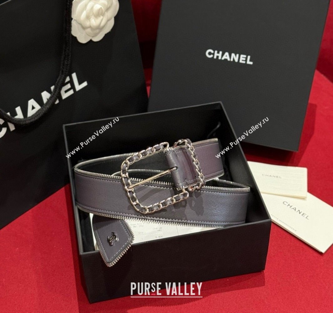 Chanel Shiny Calfskin Belt 4cm with Chain and Zip Trim Grey 2025 AAA453 (99-250109052)