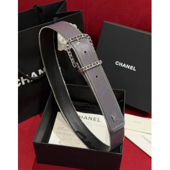 Chanel Shiny Calfskin Belt 4cm with Chain and Zip Trim Grey 2025 AAA453 (99-250109052)