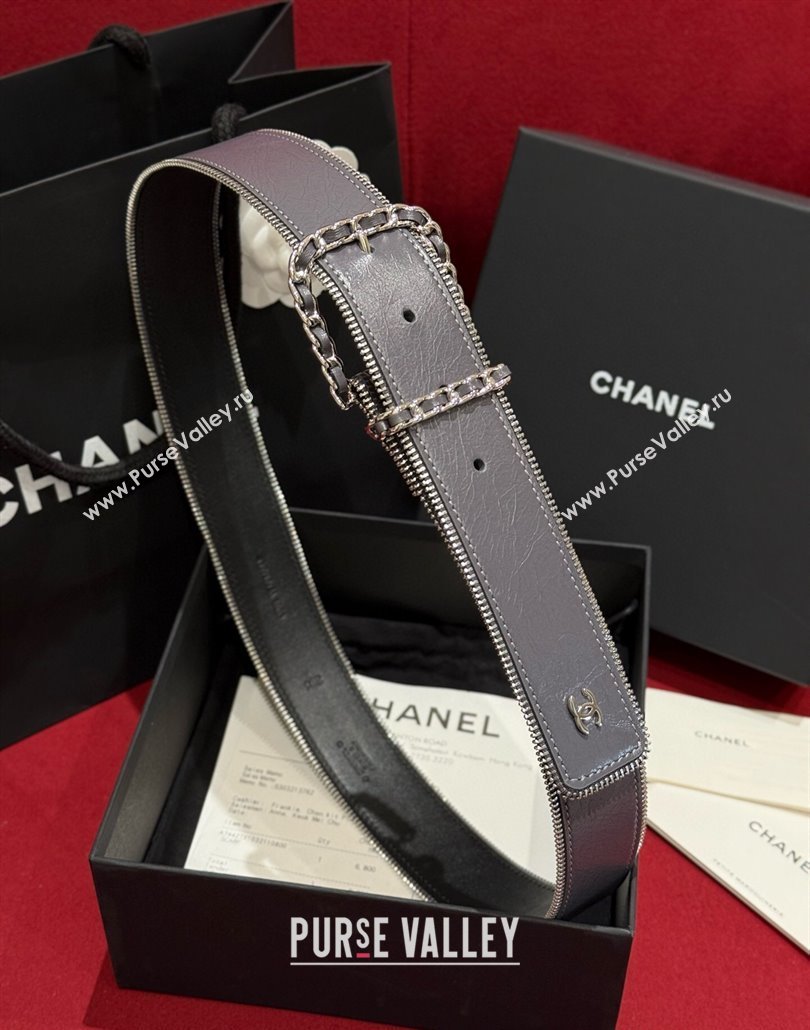 Chanel Shiny Calfskin Belt 4cm with Chain and Zip Trim Grey 2025 AAA453 (99-250109052)