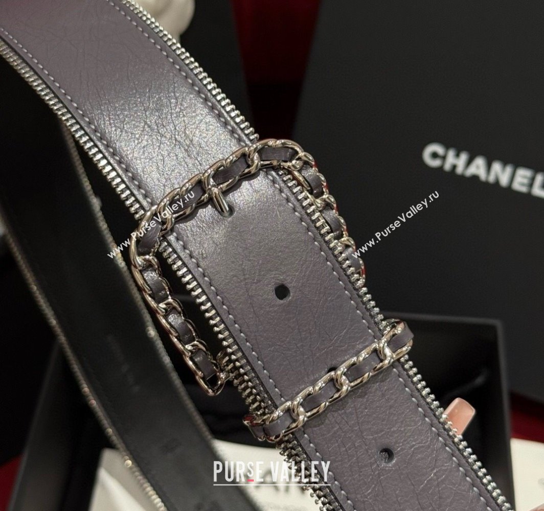 Chanel Shiny Calfskin Belt 4cm with Chain and Zip Trim Grey 2025 AAA453 (99-250109052)