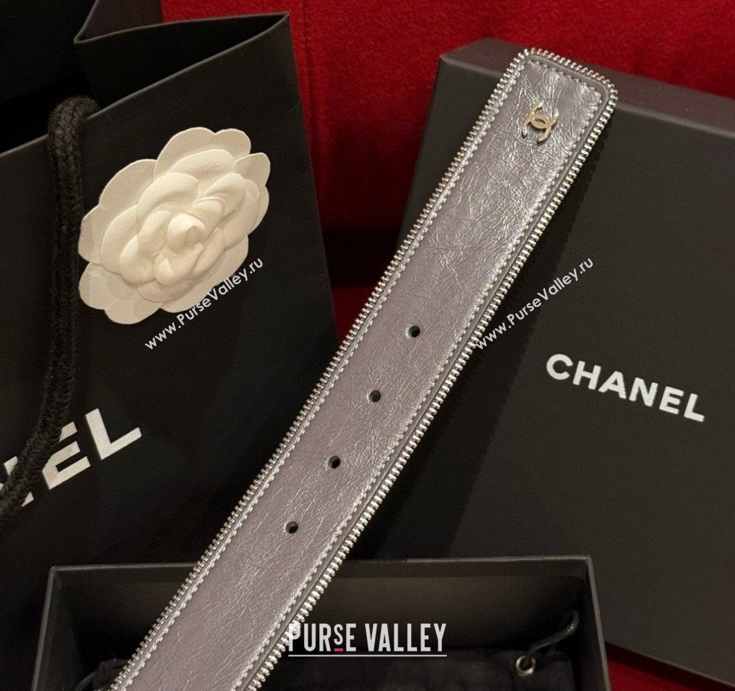 Chanel Shiny Calfskin Belt 4cm with Chain and Zip Trim Grey 2025 AAA453 (99-250109052)