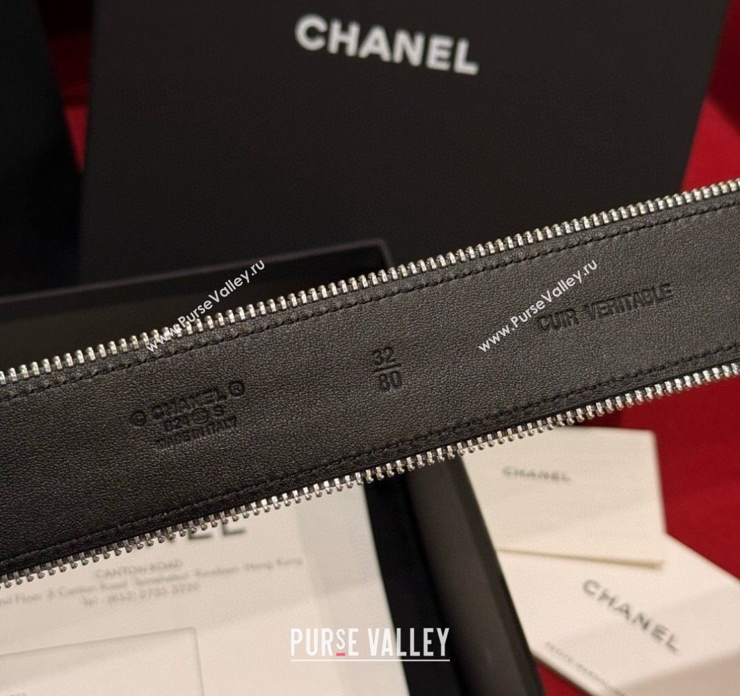 Chanel Shiny Calfskin Belt 4cm with Chain and Zip Trim Grey 2025 AAA453 (99-250109052)