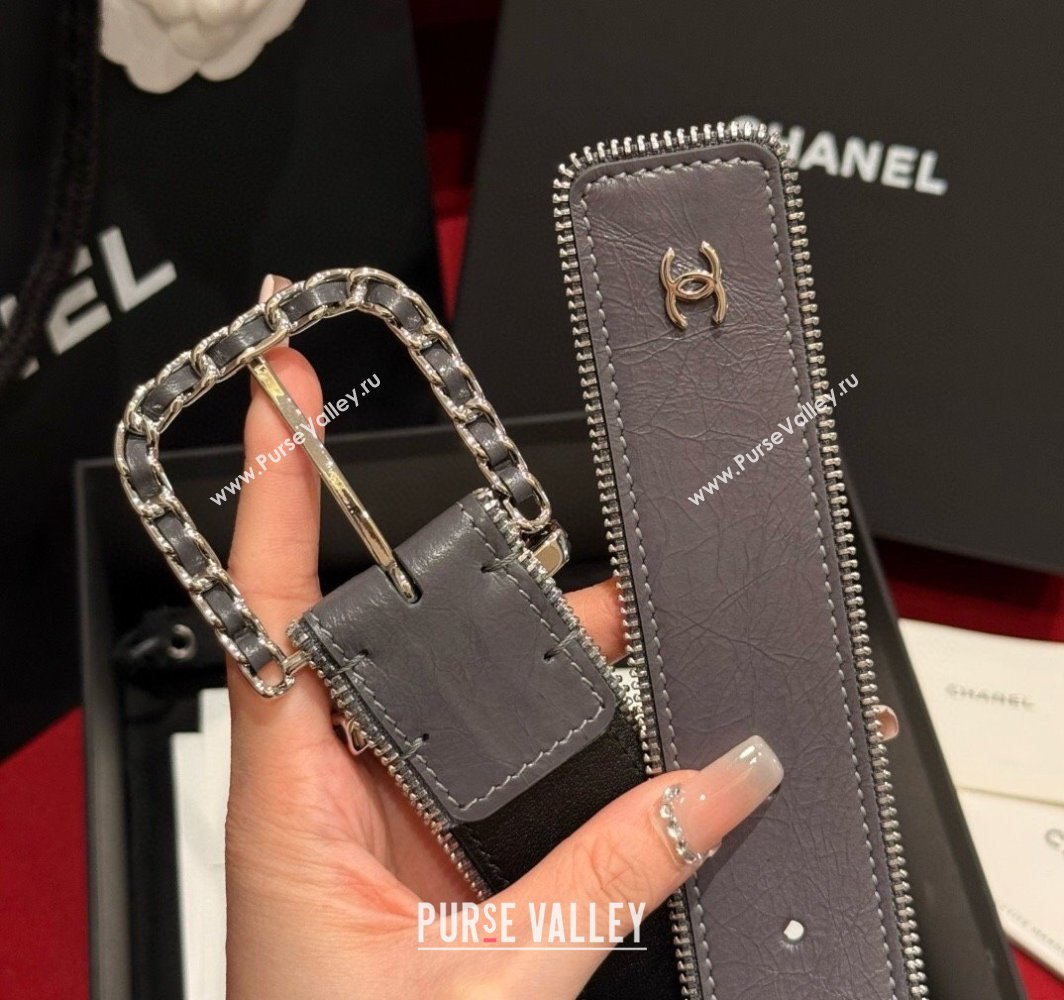 Chanel Shiny Calfskin Belt 4cm with Chain and Zip Trim Grey 2025 AAA453 (99-250109052)