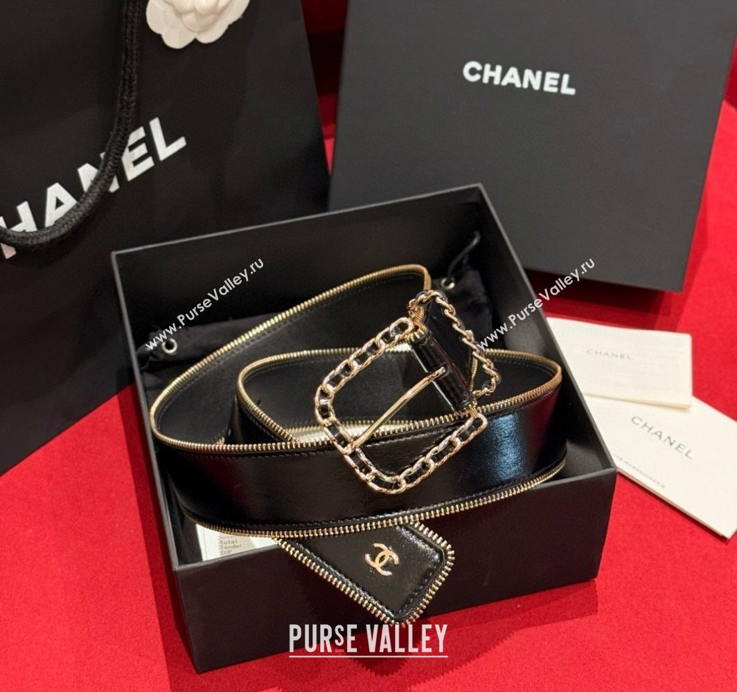 Chanel Shiny Calfskin Belt 4cm with Chain and Zip Trim Black/Gold 2025 AAA453 (99-250109055)