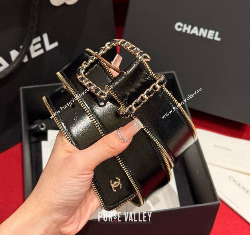 Chanel Shiny Calfskin Belt 4cm with Chain and Zip Trim Black/Gold 2025 AAA453 (99-250109055)