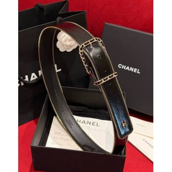 Chanel Shiny Calfskin Belt 4cm with Chain and Zip Trim Black/Gold 2025 AAA453 (99-250109055)