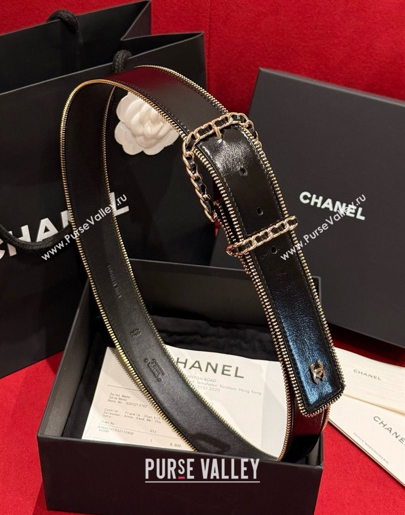 Chanel Shiny Calfskin Belt 4cm with Chain and Zip Trim Black/Gold 2025 AAA453 (99-250109055)