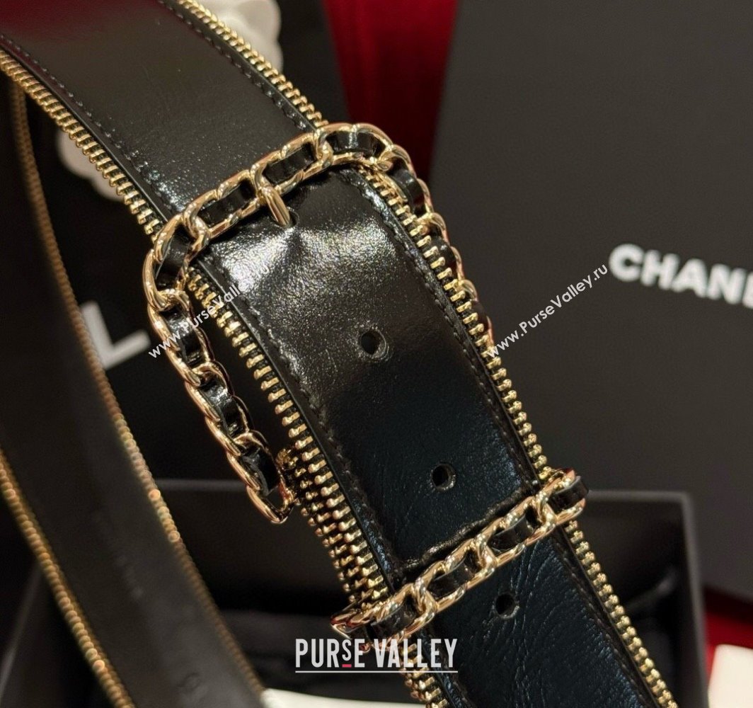 Chanel Shiny Calfskin Belt 4cm with Chain and Zip Trim Black/Gold 2025 AAA453 (99-250109055)