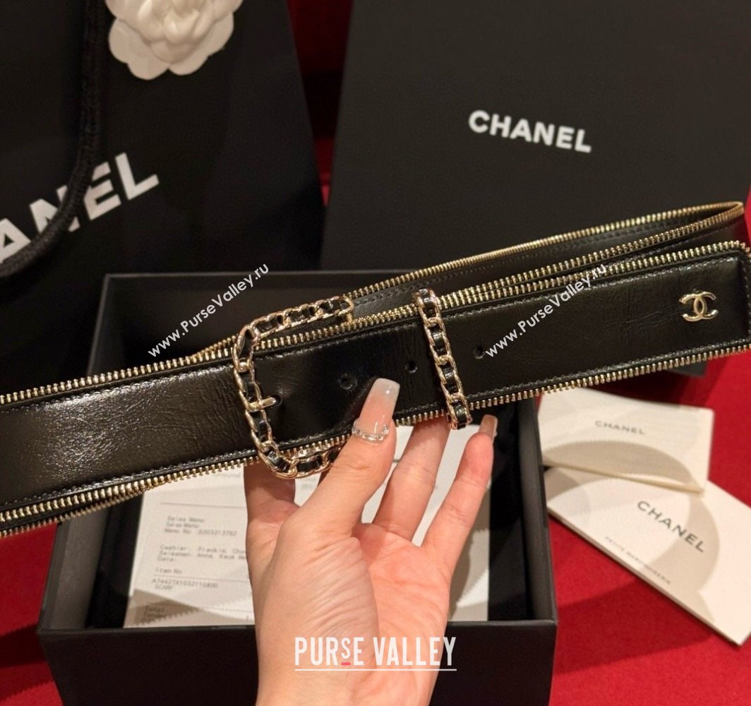 Chanel Shiny Calfskin Belt 4cm with Chain and Zip Trim Black/Gold 2025 AAA453 (99-250109055)