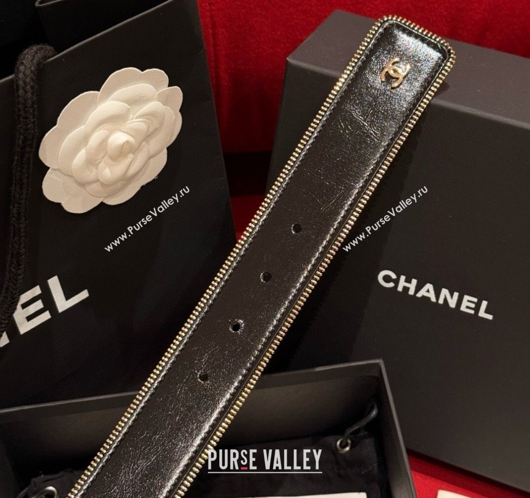 Chanel Shiny Calfskin Belt 4cm with Chain and Zip Trim Black/Gold 2025 AAA453 (99-250109055)