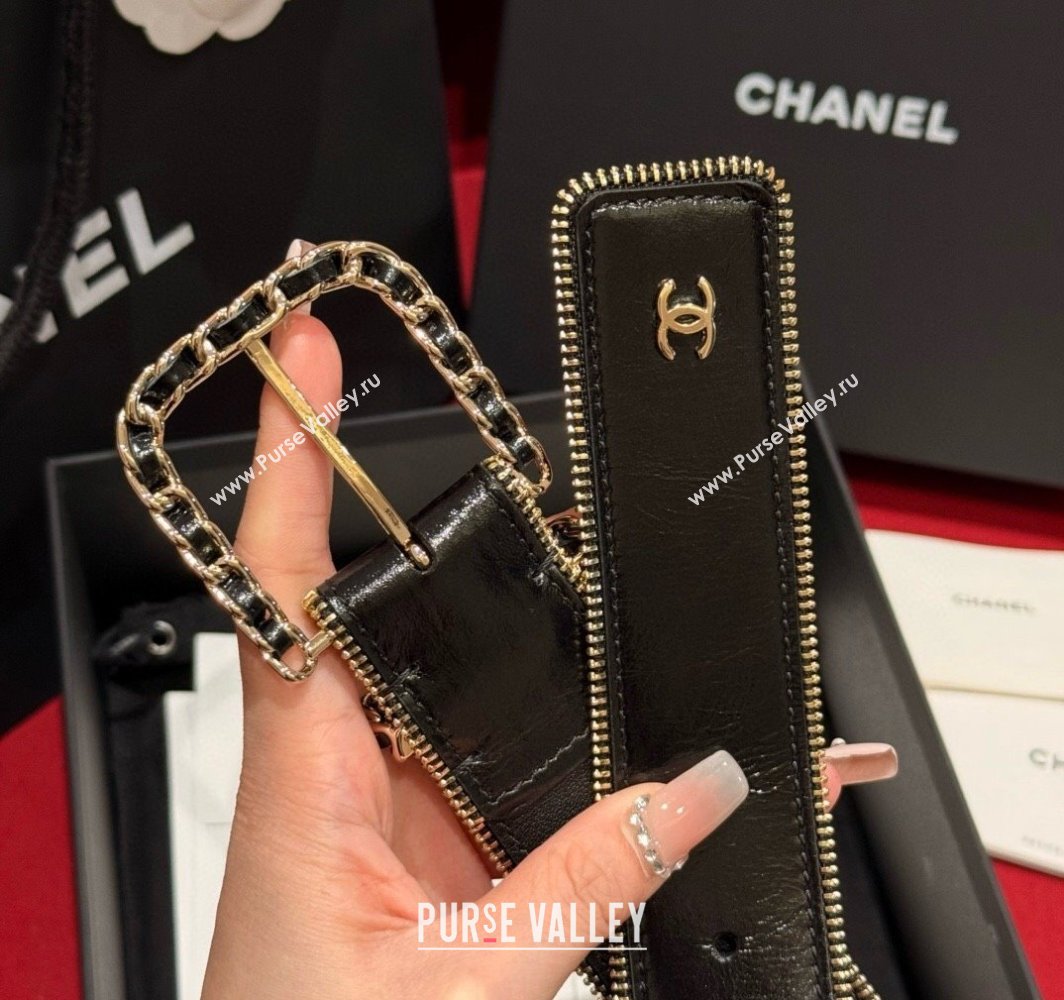 Chanel Shiny Calfskin Belt 4cm with Chain and Zip Trim Black/Gold 2025 AAA453 (99-250109055)