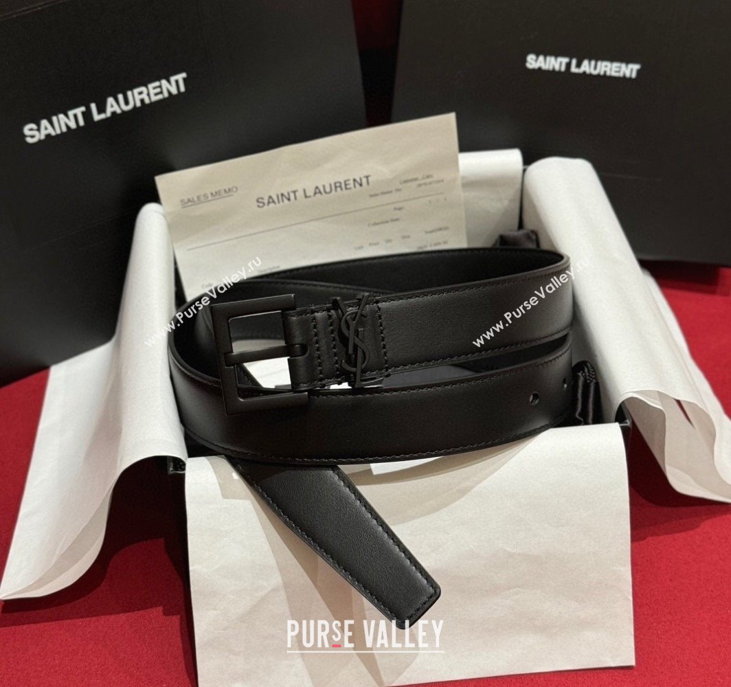 Saint Laurent Calfskin Leather Belt 3cm with Pink Buckle All Black 2025 YSL011001 (99-240110021)