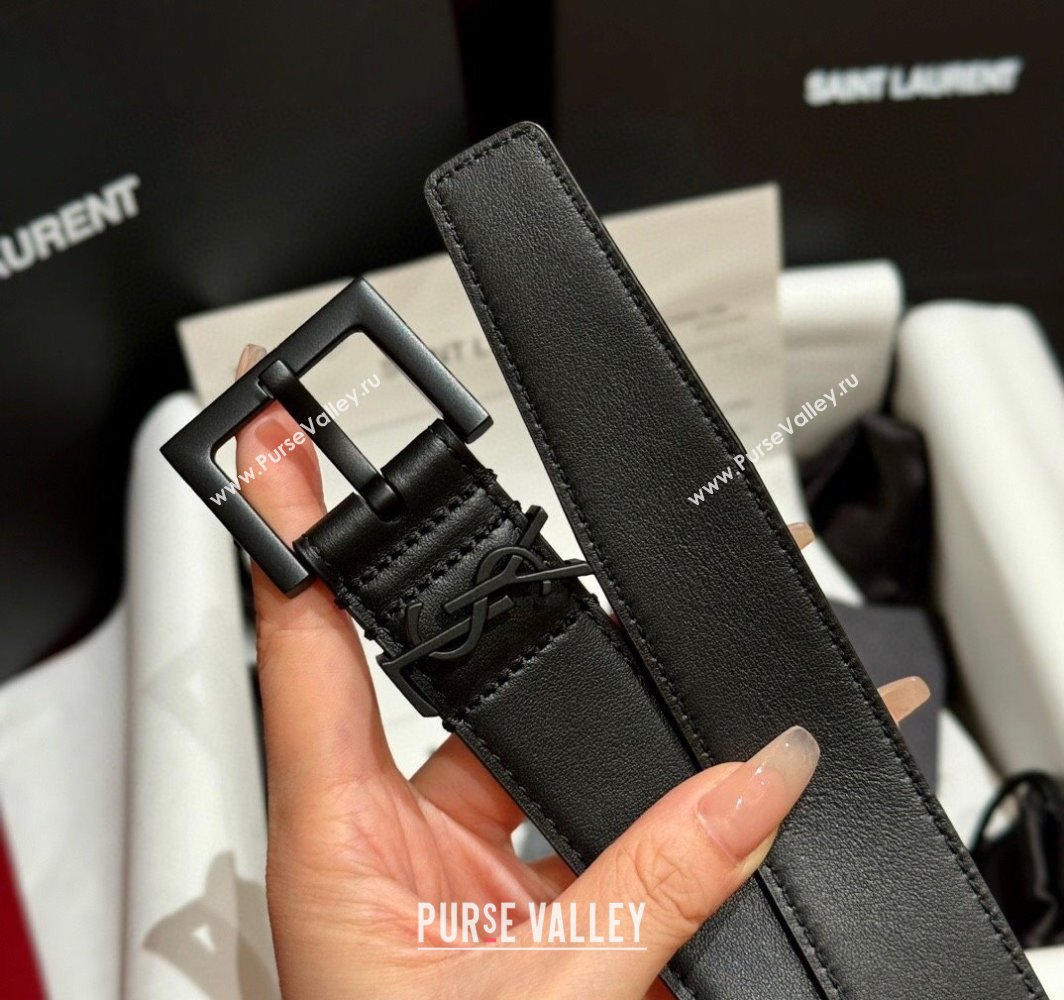 Saint Laurent Calfskin Leather Belt 3cm with Pink Buckle All Black 2025 YSL011001 (99-240110021)