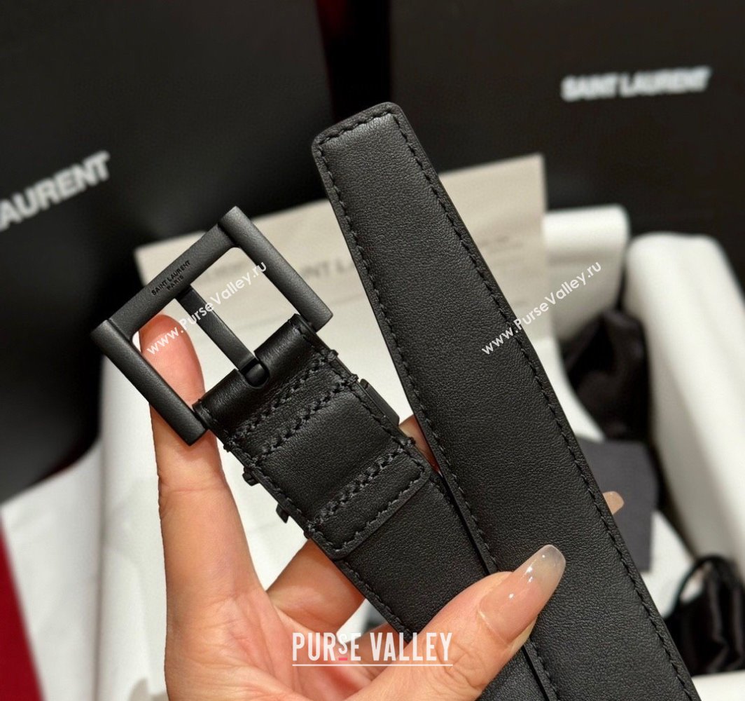 Saint Laurent Calfskin Leather Belt 3cm with Pink Buckle All Black 2025 YSL011001 (99-240110021)