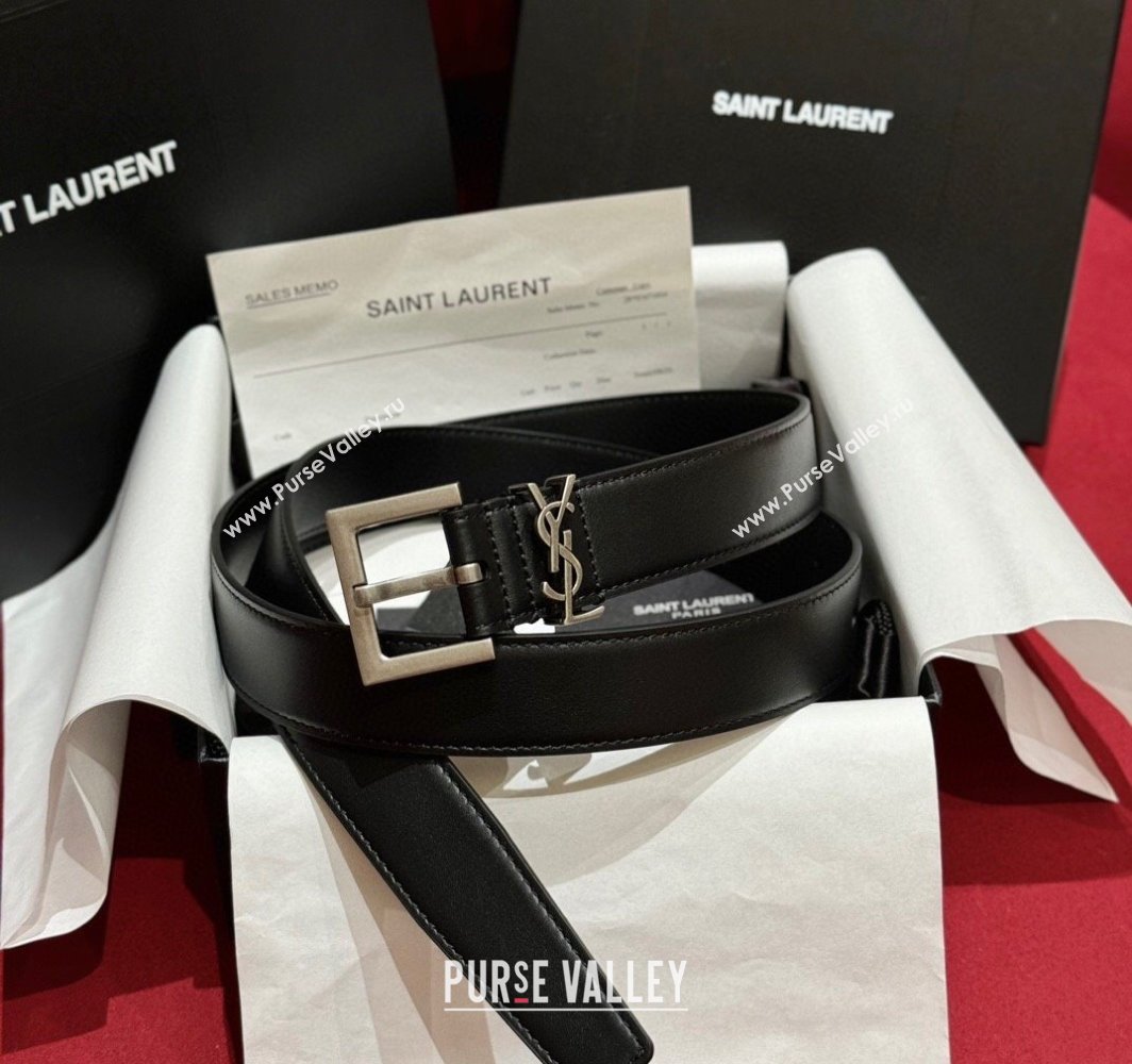 Saint Laurent Calfskin Leather Belt 3cm with Pink Buckle Black/Silver 2025 YSL011001 (99-240110022)