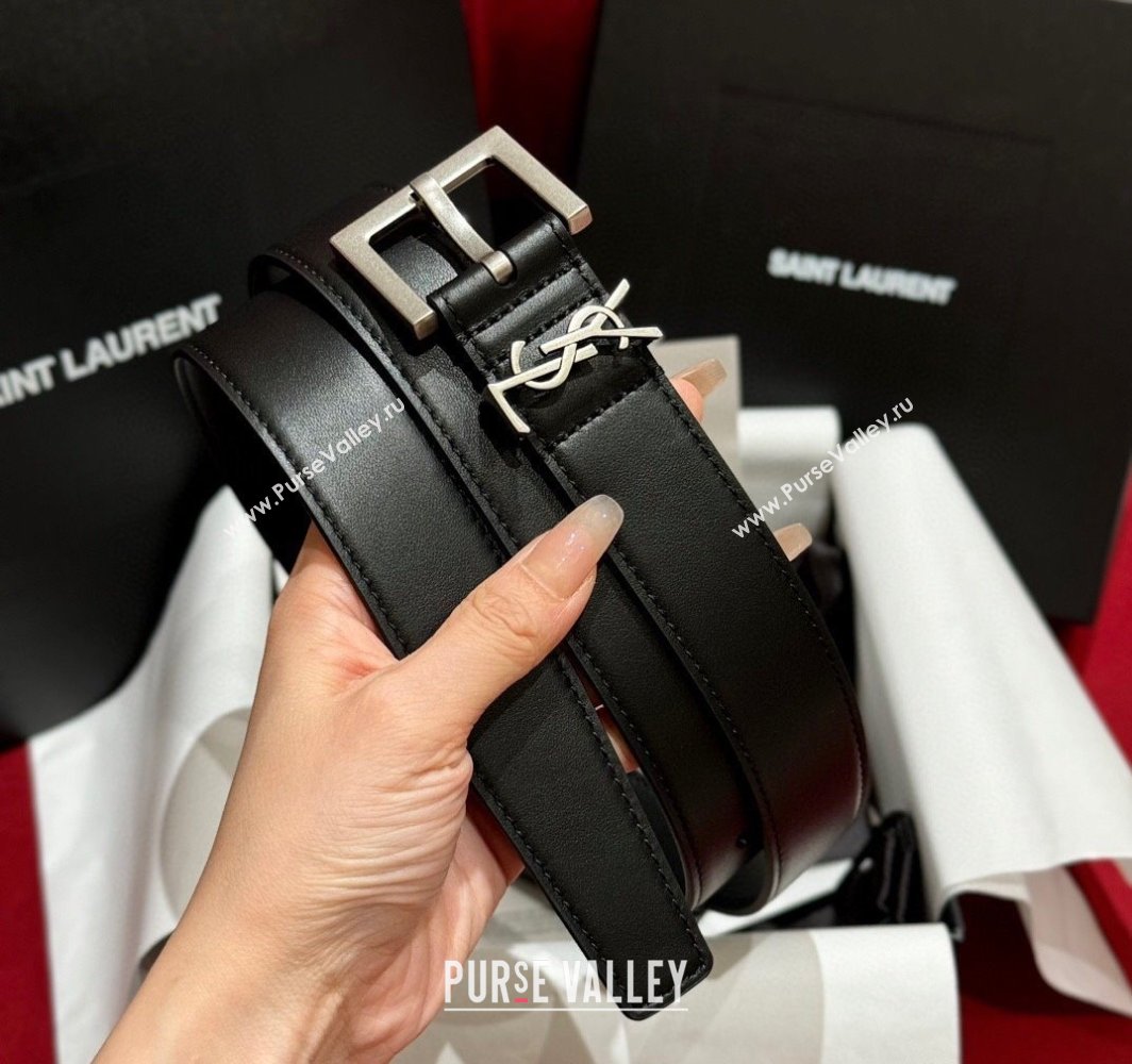 Saint Laurent Calfskin Leather Belt 3cm with Pink Buckle Black/Silver 2025 YSL011001 (99-240110022)