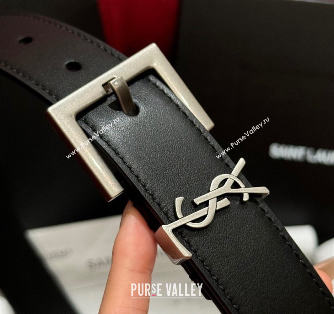 Saint Laurent Calfskin Leather Belt 3cm with Pink Buckle Black/Silver 2025 YSL011001 (99-240110022)