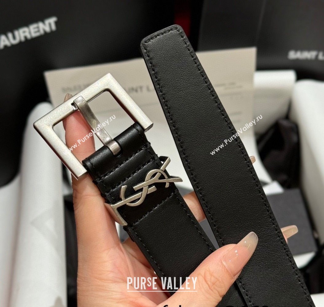 Saint Laurent Calfskin Leather Belt 3cm with Pink Buckle Black/Silver 2025 YSL011001 (99-240110022)