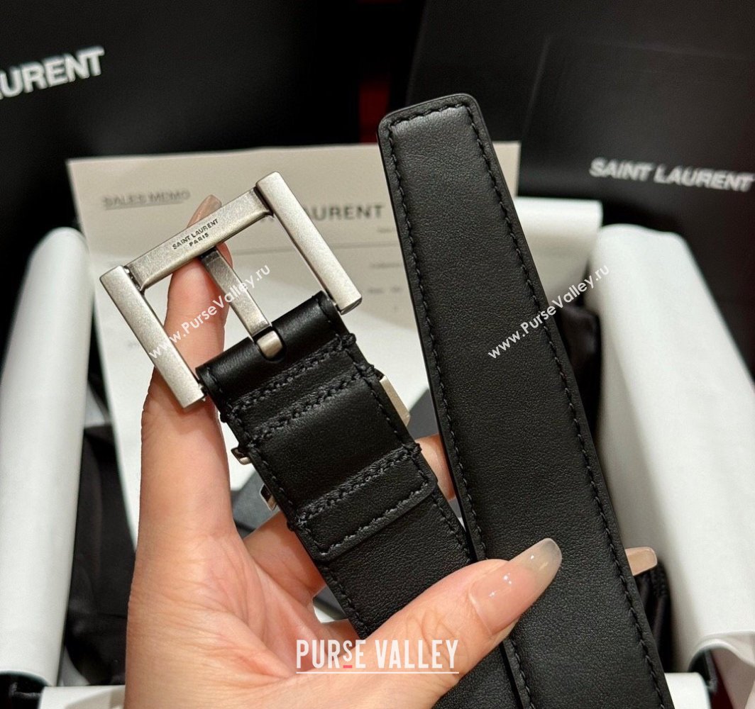 Saint Laurent Calfskin Leather Belt 3cm with Pink Buckle Black/Silver 2025 YSL011001 (99-240110022)