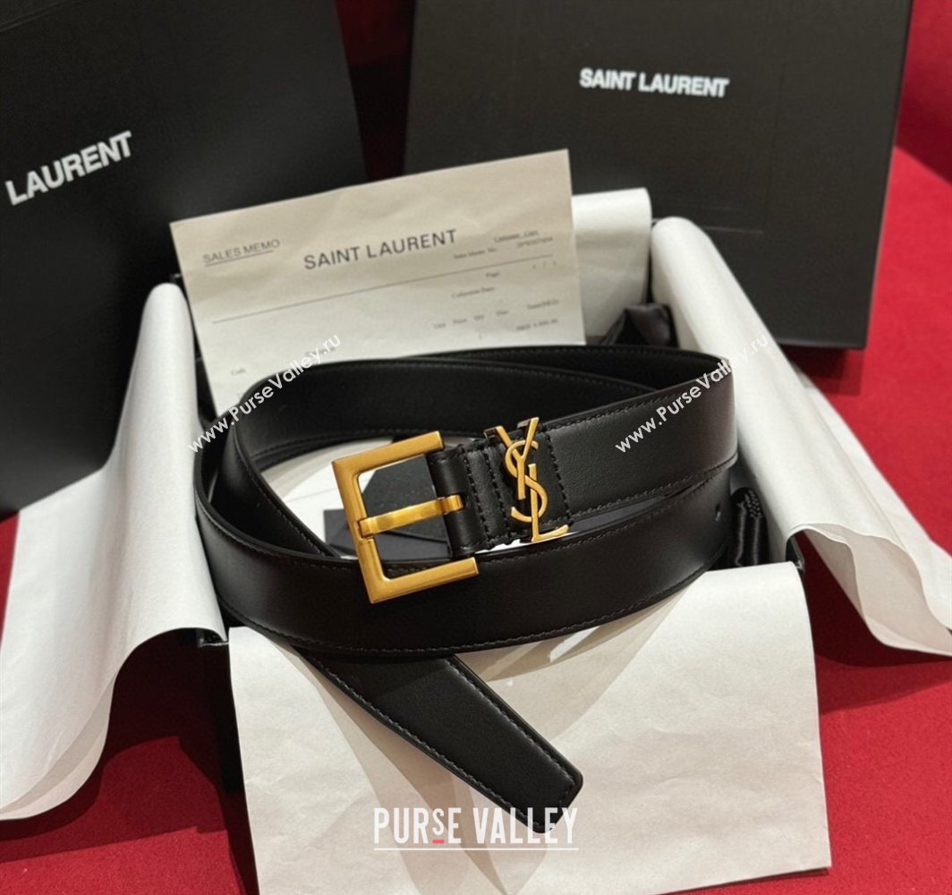 Saint Laurent Calfskin Leather Belt 3cm with Pink Buckle Black/Gold 2025 YSL011001 (99-240110023)