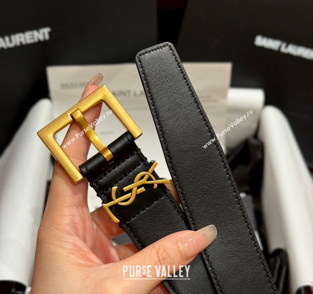 Saint Laurent Calfskin Leather Belt 3cm with Pink Buckle Black/Gold 2025 YSL011001 (99-240110023)