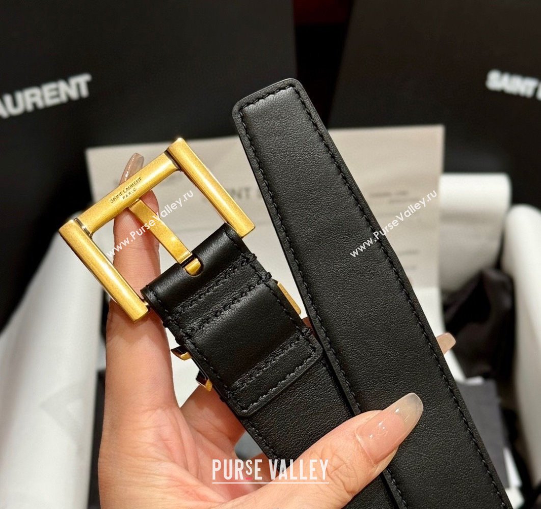 Saint Laurent Calfskin Leather Belt 3cm with Pink Buckle Black/Gold 2025 YSL011001 (99-240110023)