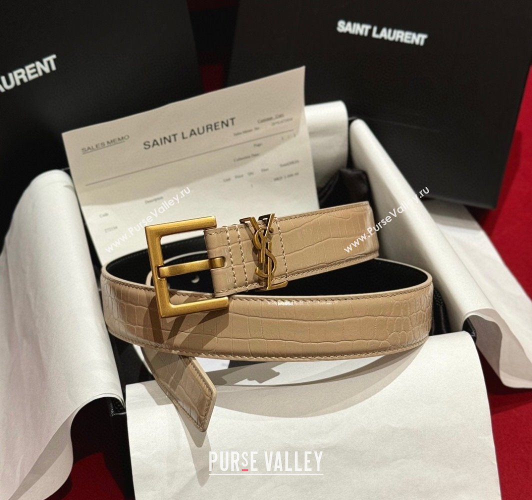 Saint Laurent Crocodile Embossed Leather Belt 3cm with Pink Buckle Beige 2025 YSL011001 (99-240110024)