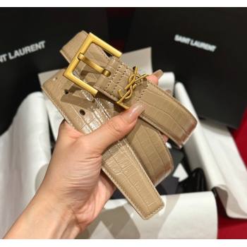 Saint Laurent Crocodile Embossed Leather Belt 3cm with Pink Buckle Beige 2025 YSL011001 (99-240110024)