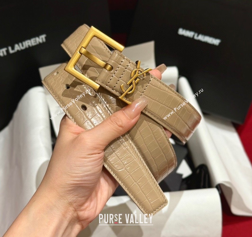 Saint Laurent Crocodile Embossed Leather Belt 3cm with Pink Buckle Beige 2025 YSL011001 (99-240110024)