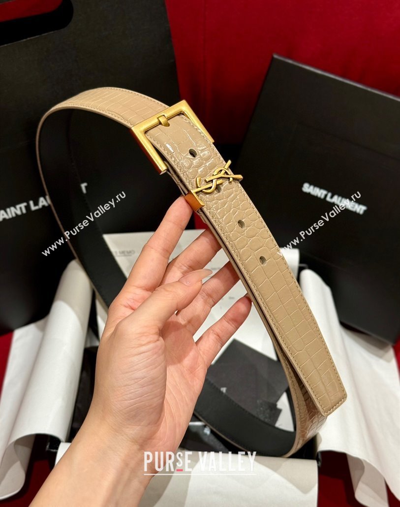 Saint Laurent Crocodile Embossed Leather Belt 3cm with Pink Buckle Beige 2025 YSL011001 (99-240110024)