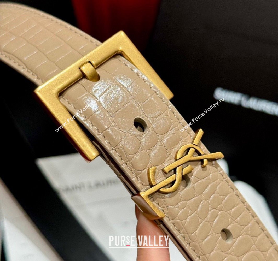 Saint Laurent Crocodile Embossed Leather Belt 3cm with Pink Buckle Beige 2025 YSL011001 (99-240110024)