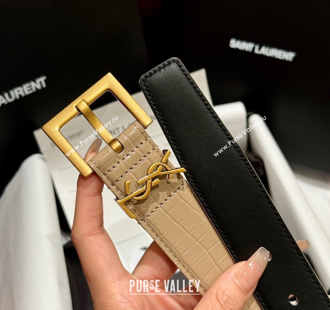 Saint Laurent Crocodile Embossed Leather Belt 3cm with Pink Buckle Beige 2025 YSL011001 (99-240110024)