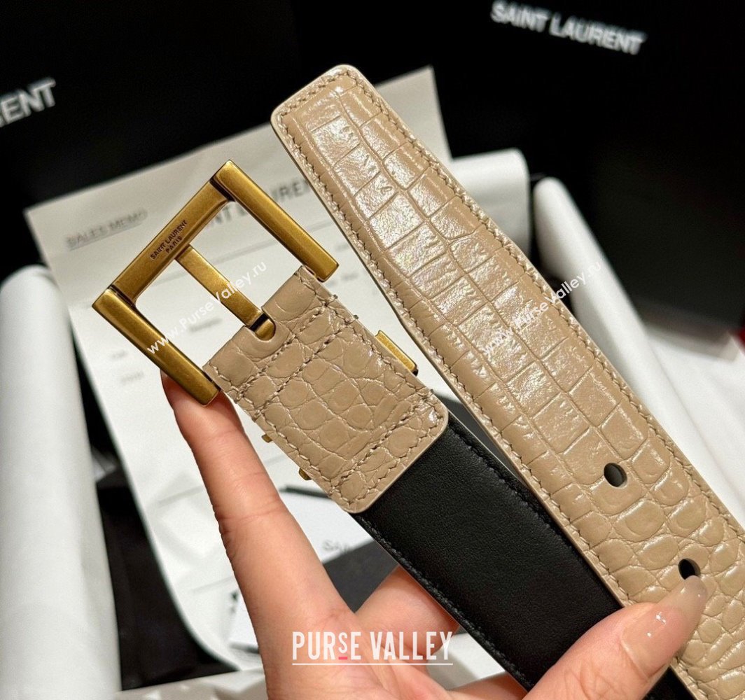 Saint Laurent Crocodile Embossed Leather Belt 3cm with Pink Buckle Beige 2025 YSL011001 (99-240110024)