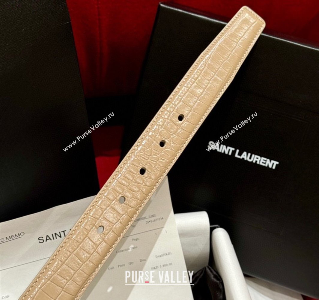 Saint Laurent Crocodile Embossed Leather Belt 3cm with Pink Buckle Beige 2025 YSL011001 (99-240110024)