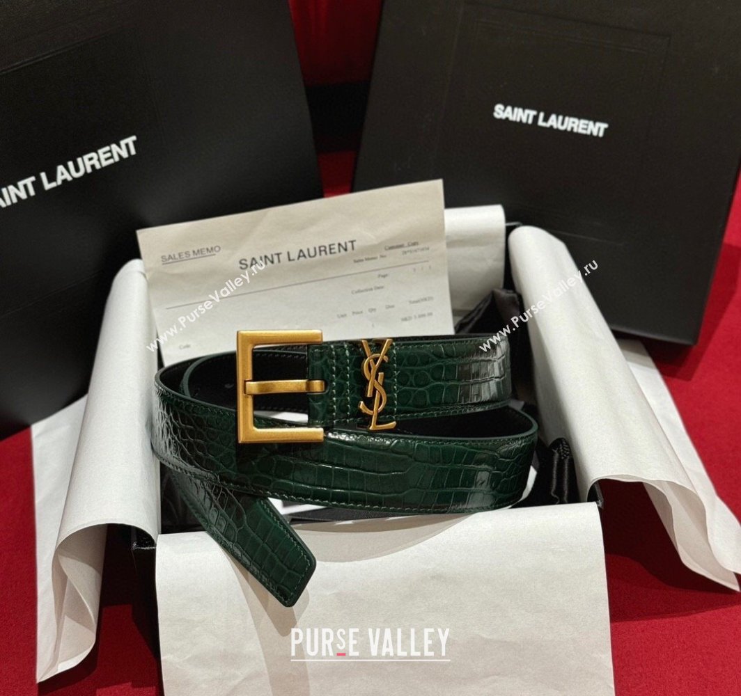 Saint Laurent Crocodile Embossed Leather Belt 3cm with Pink Buckle Green 2025 YSL011001 (99-240110025)