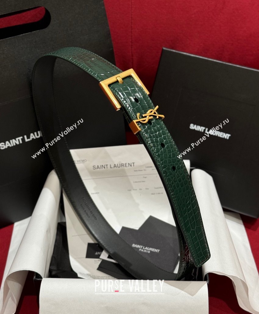 Saint Laurent Crocodile Embossed Leather Belt 3cm with Pink Buckle Green 2025 YSL011001 (99-240110025)