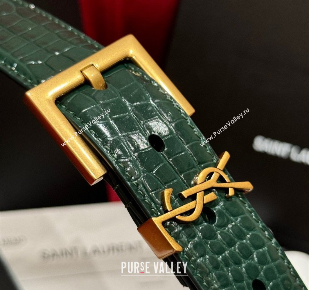 Saint Laurent Crocodile Embossed Leather Belt 3cm with Pink Buckle Green 2025 YSL011001 (99-240110025)