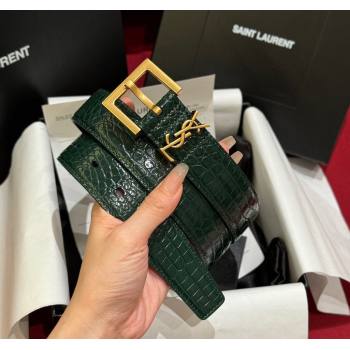 Saint Laurent Crocodile Embossed Leather Belt 3cm with Pink Buckle Green 2025 YSL011001 (99-240110025)