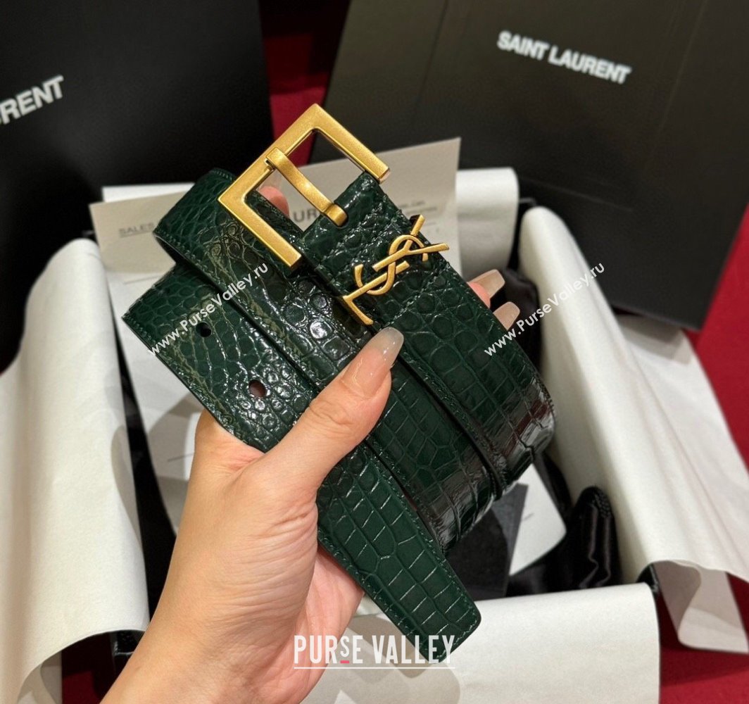 Saint Laurent Crocodile Embossed Leather Belt 3cm with Pink Buckle Green 2025 YSL011001 (99-240110025)