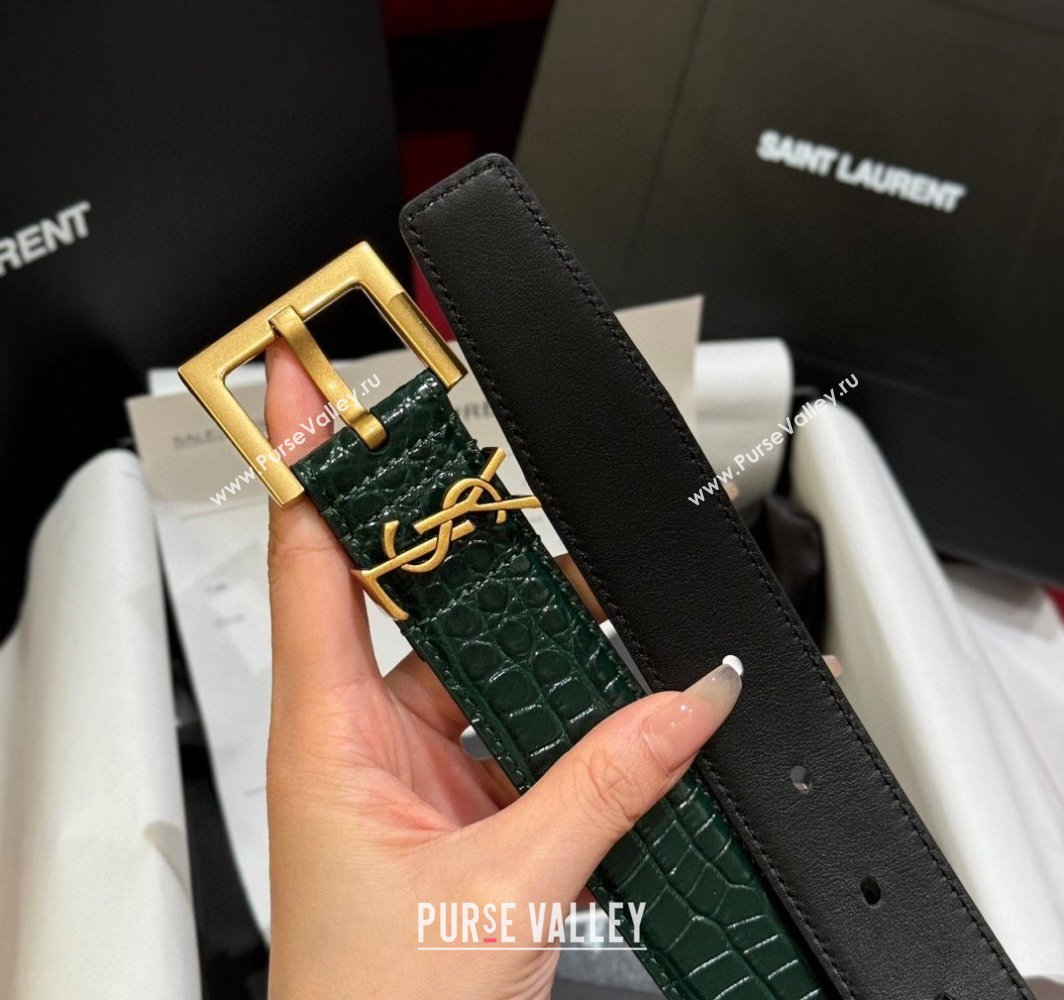 Saint Laurent Crocodile Embossed Leather Belt 3cm with Pink Buckle Green 2025 YSL011001 (99-240110025)