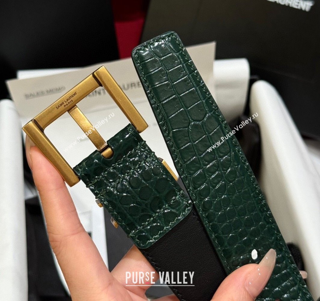 Saint Laurent Crocodile Embossed Leather Belt 3cm with Pink Buckle Green 2025 YSL011001 (99-240110025)