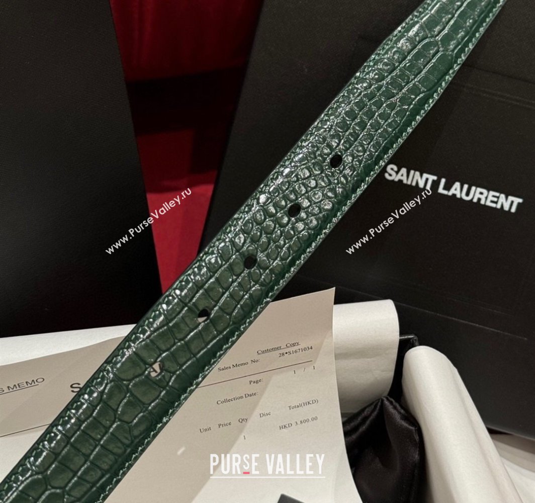 Saint Laurent Crocodile Embossed Leather Belt 3cm with Pink Buckle Green 2025 YSL011001 (99-240110025)