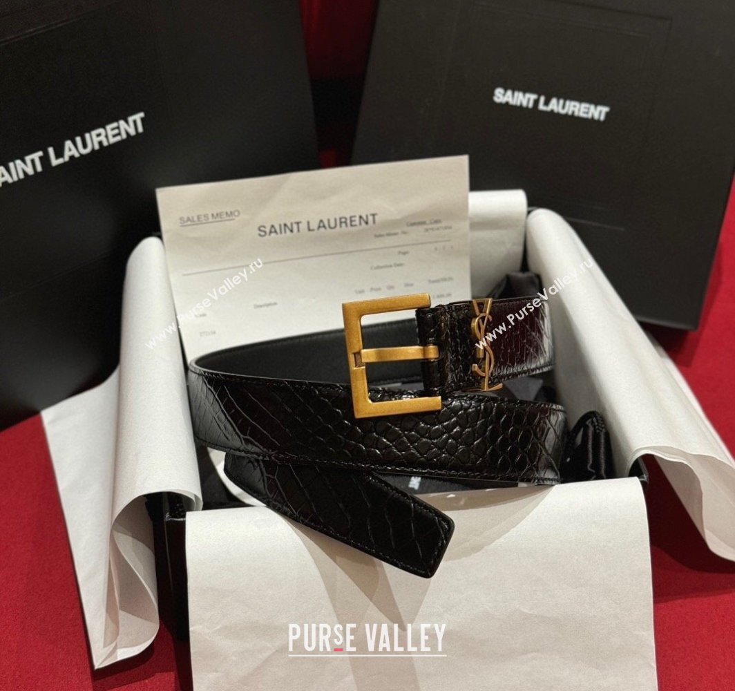 Saint Laurent Crocodile Embossed Leather Belt 3cm with Pink Buckle Black 2025 YSL011001 (99-240110026)